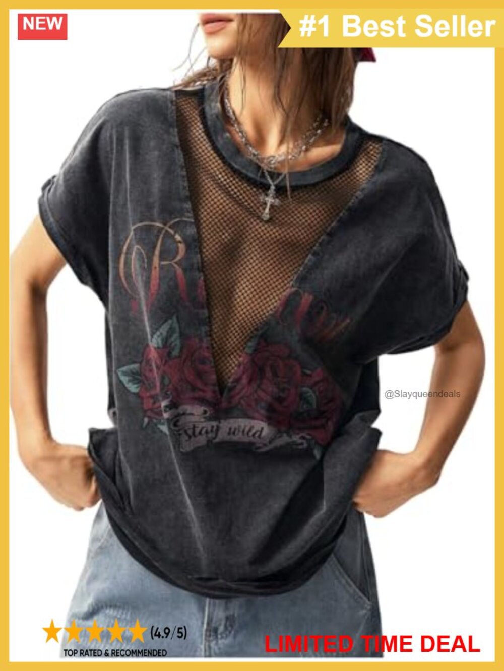 SOLY HUX Women's Vintage Graphic Mesh Goth Y2k T Shirt